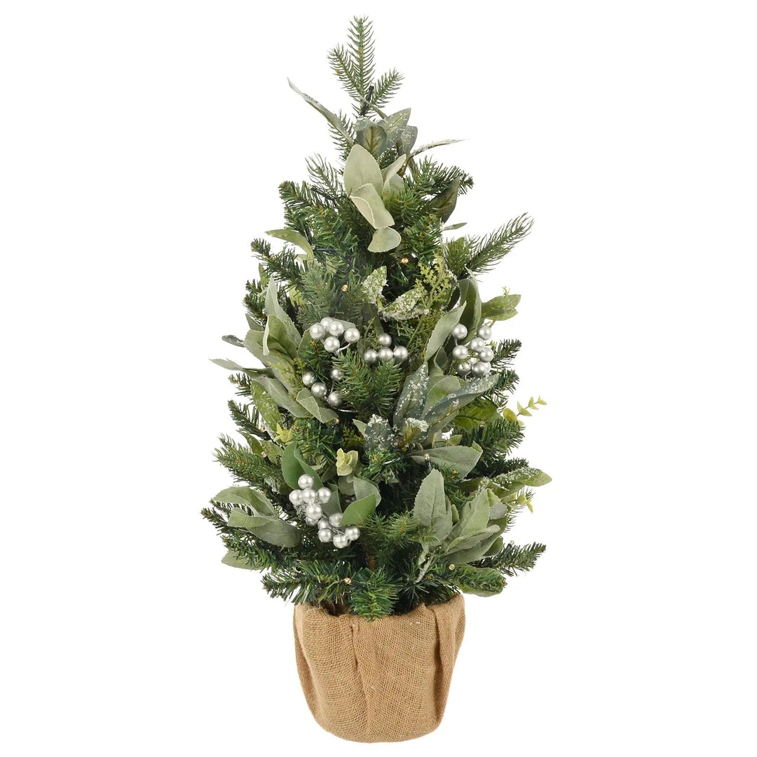 Green foliage mini Christmas tree with silver berries and jute wrapped base