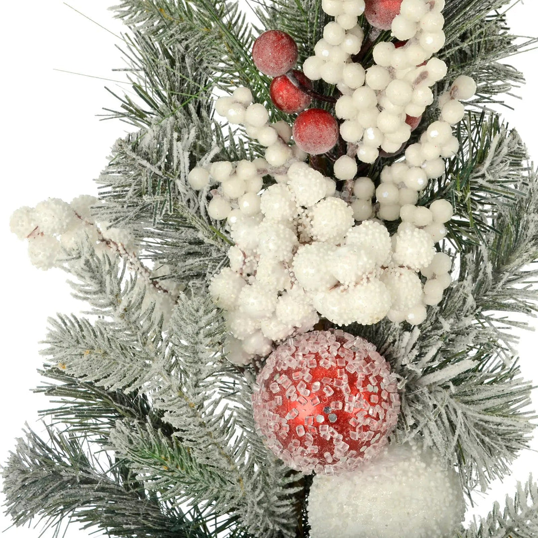 Close up of a Christmas garland with red and white baubles and berries