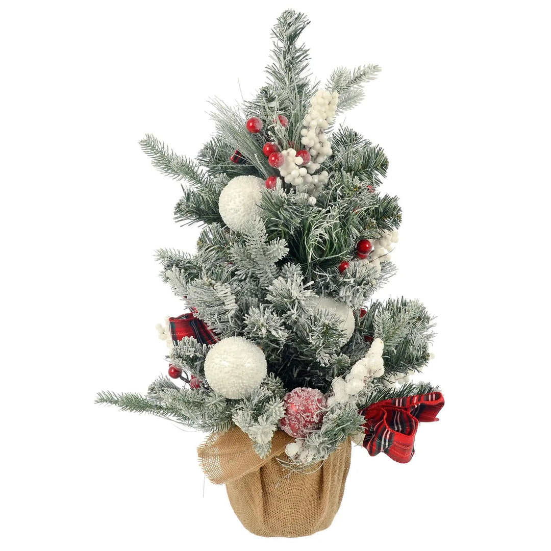 Mini Christmas tree with red tartan bows, white and red frosted baubles, red and white berries and a jute covered base