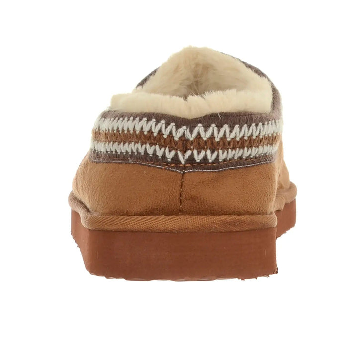 Back view of a tan suede mule slipper with tough outsole