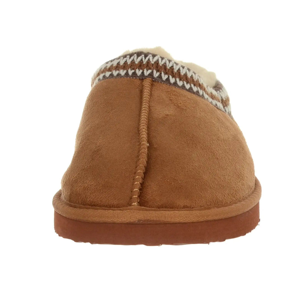 front view of a brown suede slipper with braided collar detail