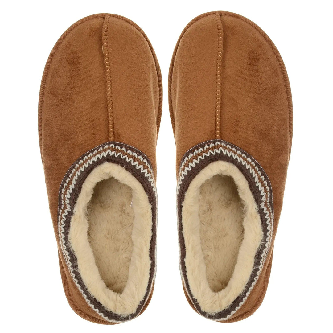 Overhead view of a pair of tan suede mule slippers with furry lining