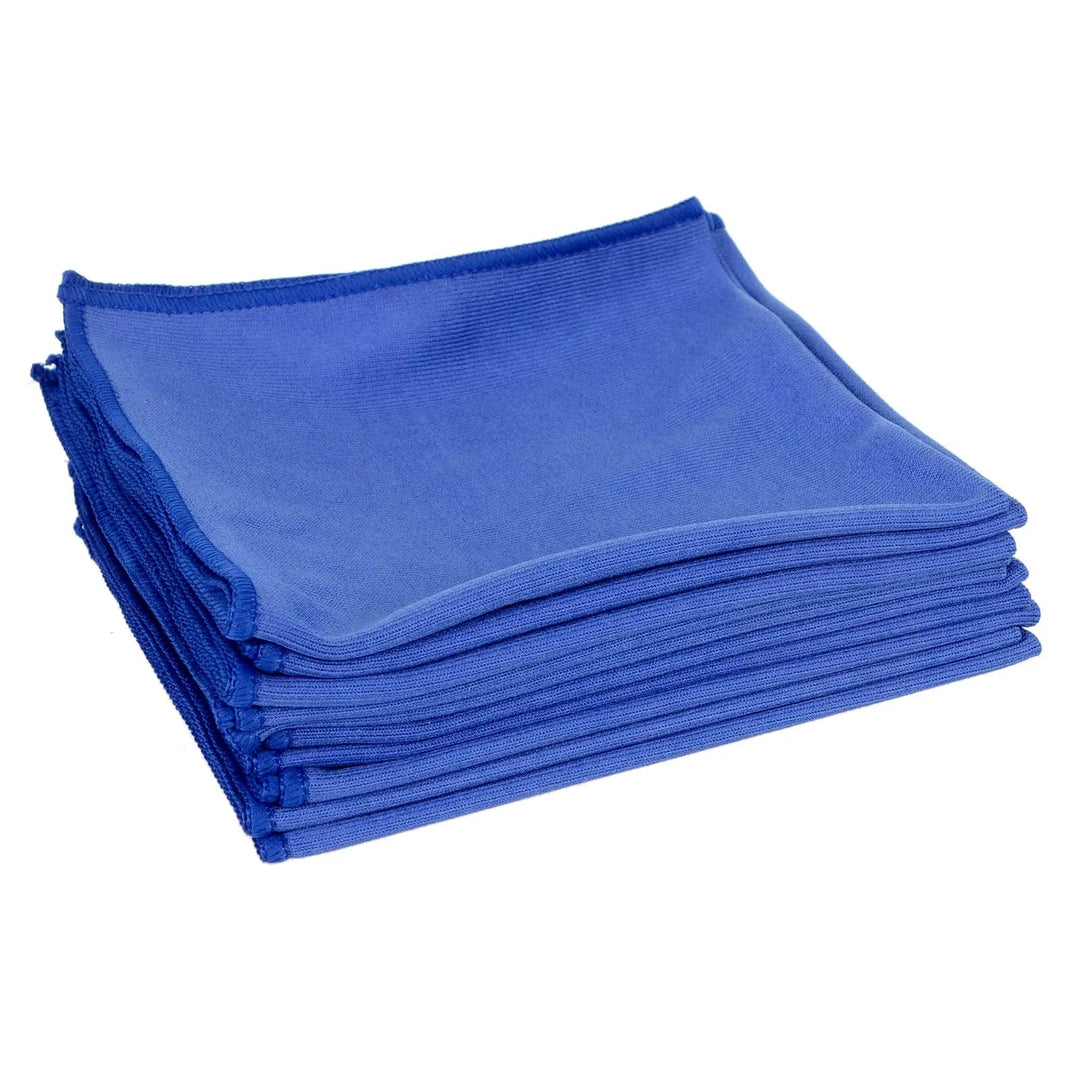 Pile of 10 blue microfibre glass cleaning cloths folded for storage