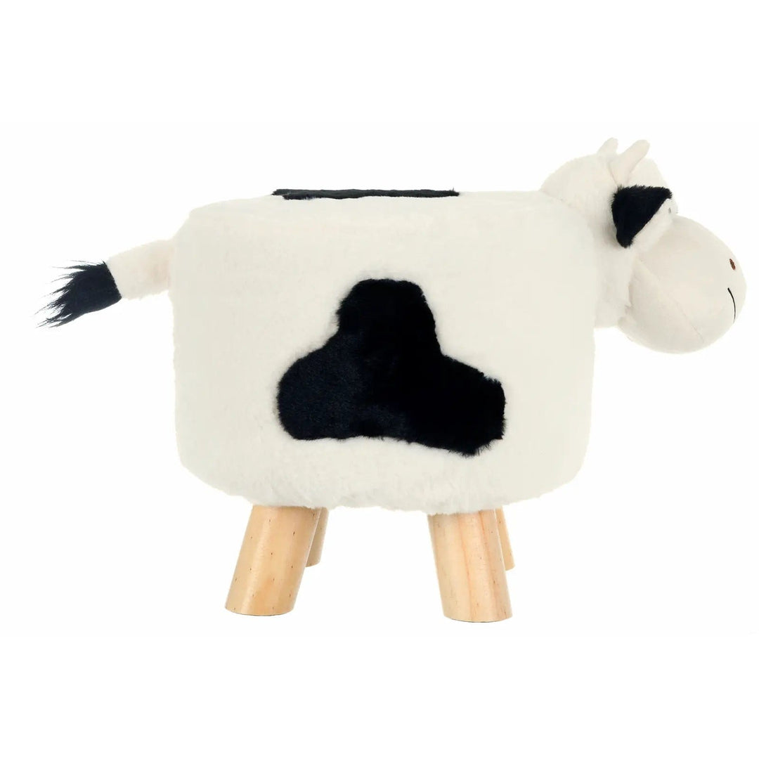 Side view of a black and white cow design stool for kids