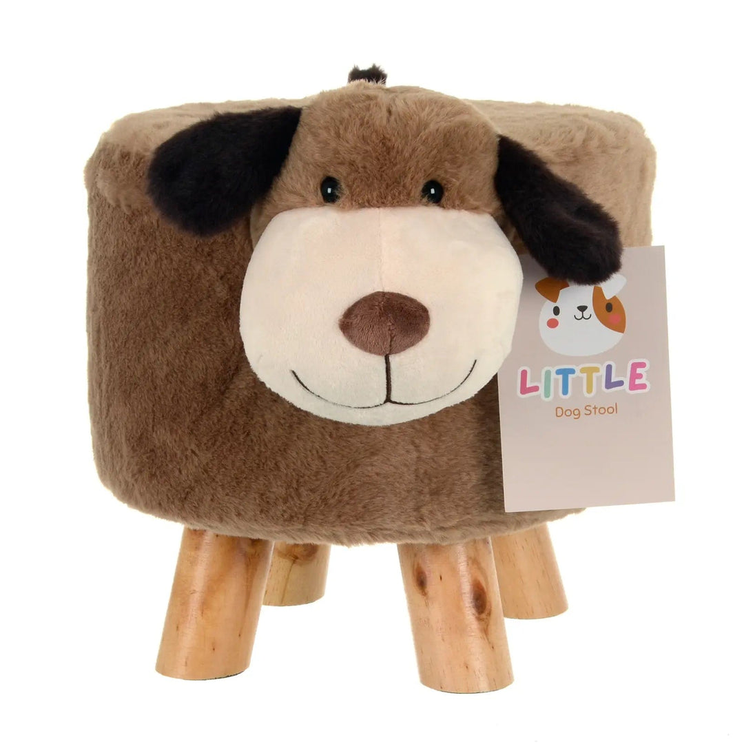 Brown puppy dog design kids animal stool with 4 wooden legs and soft fleece cover