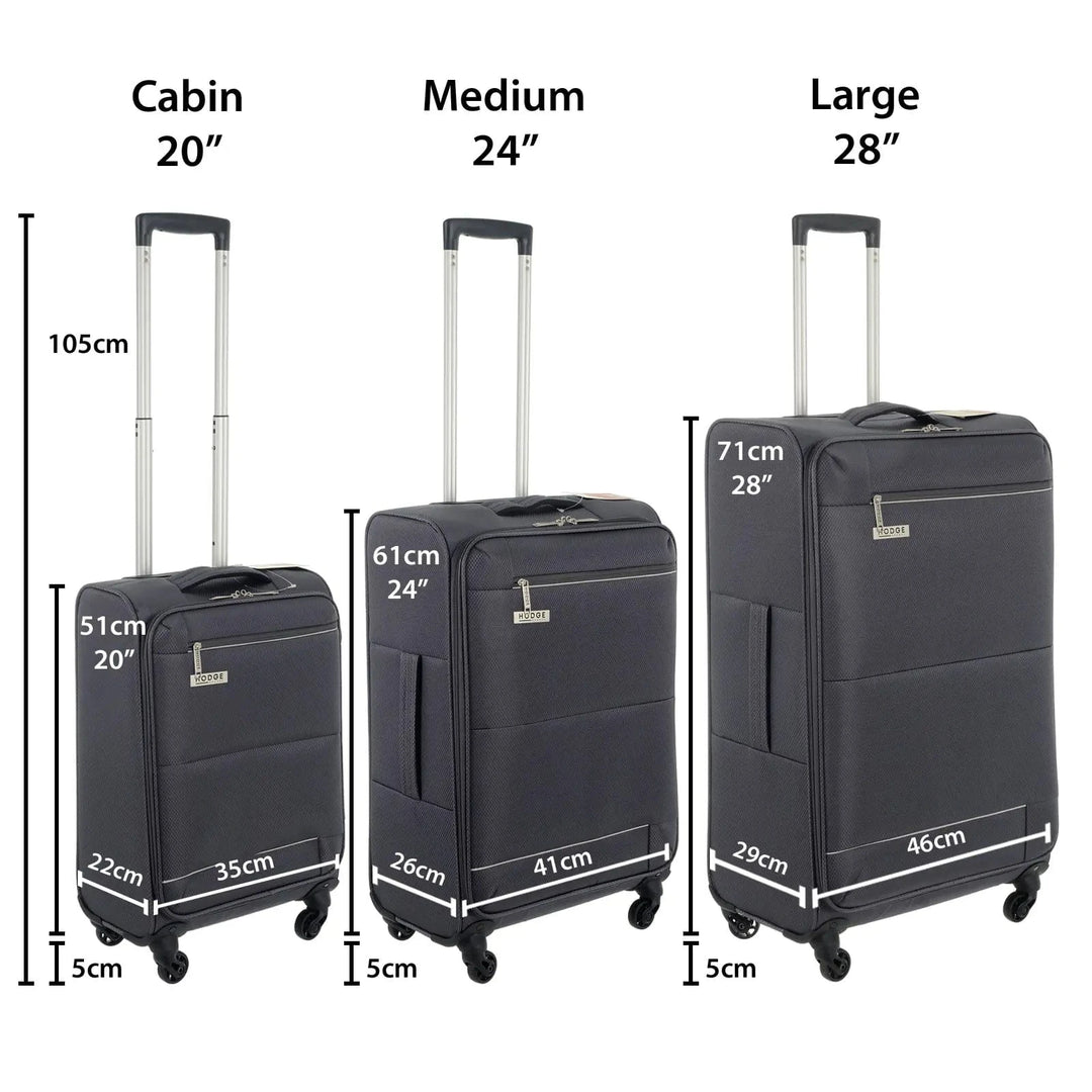 3 grey suitcases showing measurements