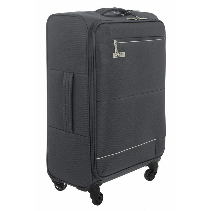 Medium size grey suitcase with 4 wheels and side handle