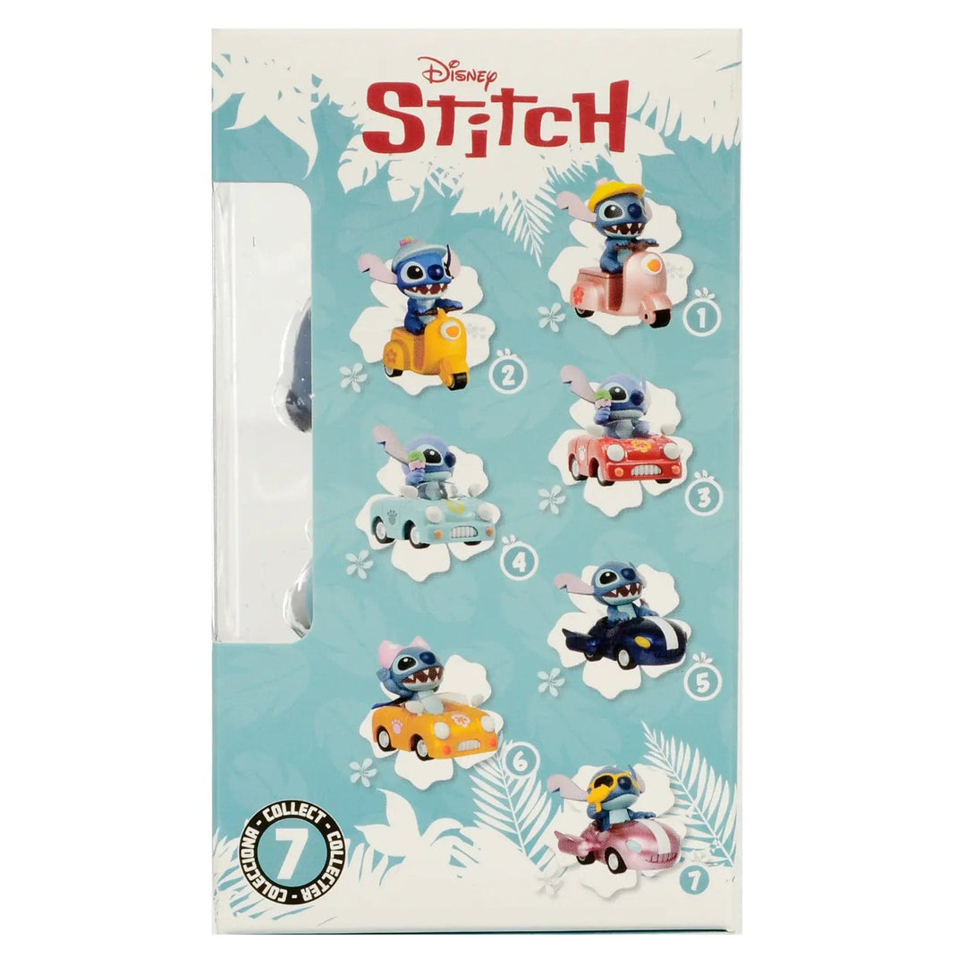 Side of the pack of Disney Stitch Zoom Hero collectible pull back vehicle showing all the designs