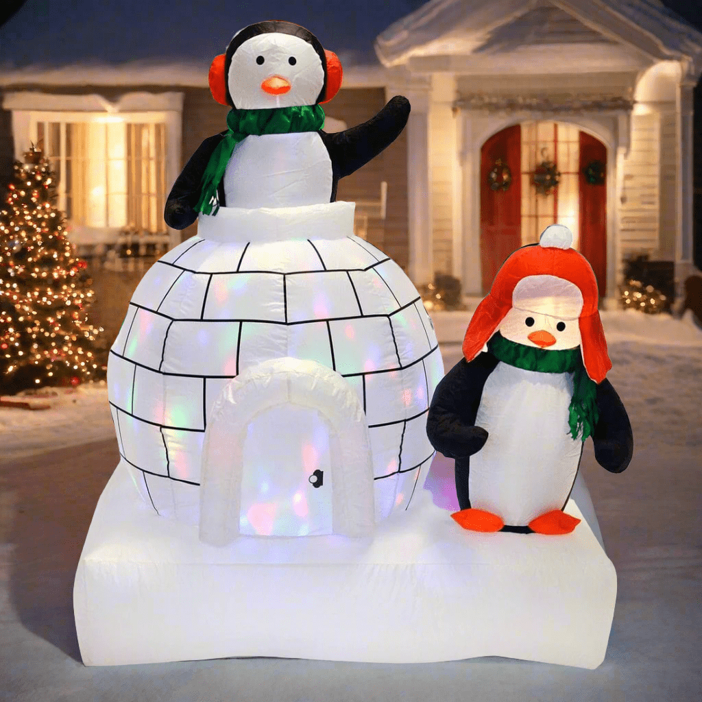 Giant 5ft Inflatable Disco Light Up Penguins Igloo Outdoor Christmas Decoration