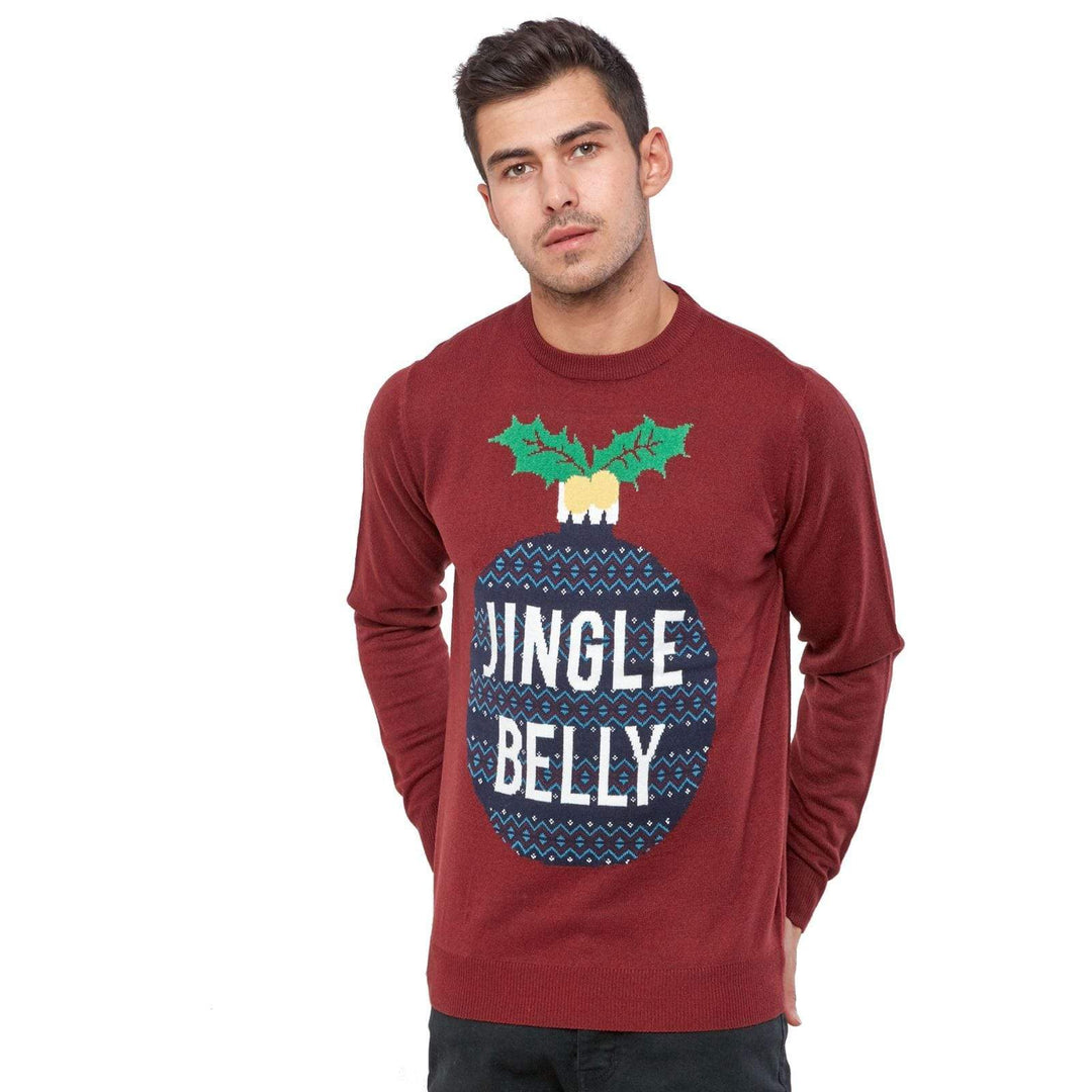 Mens Christmas Jumper Jingle Belly Tree Bauble Burgundy Fun S