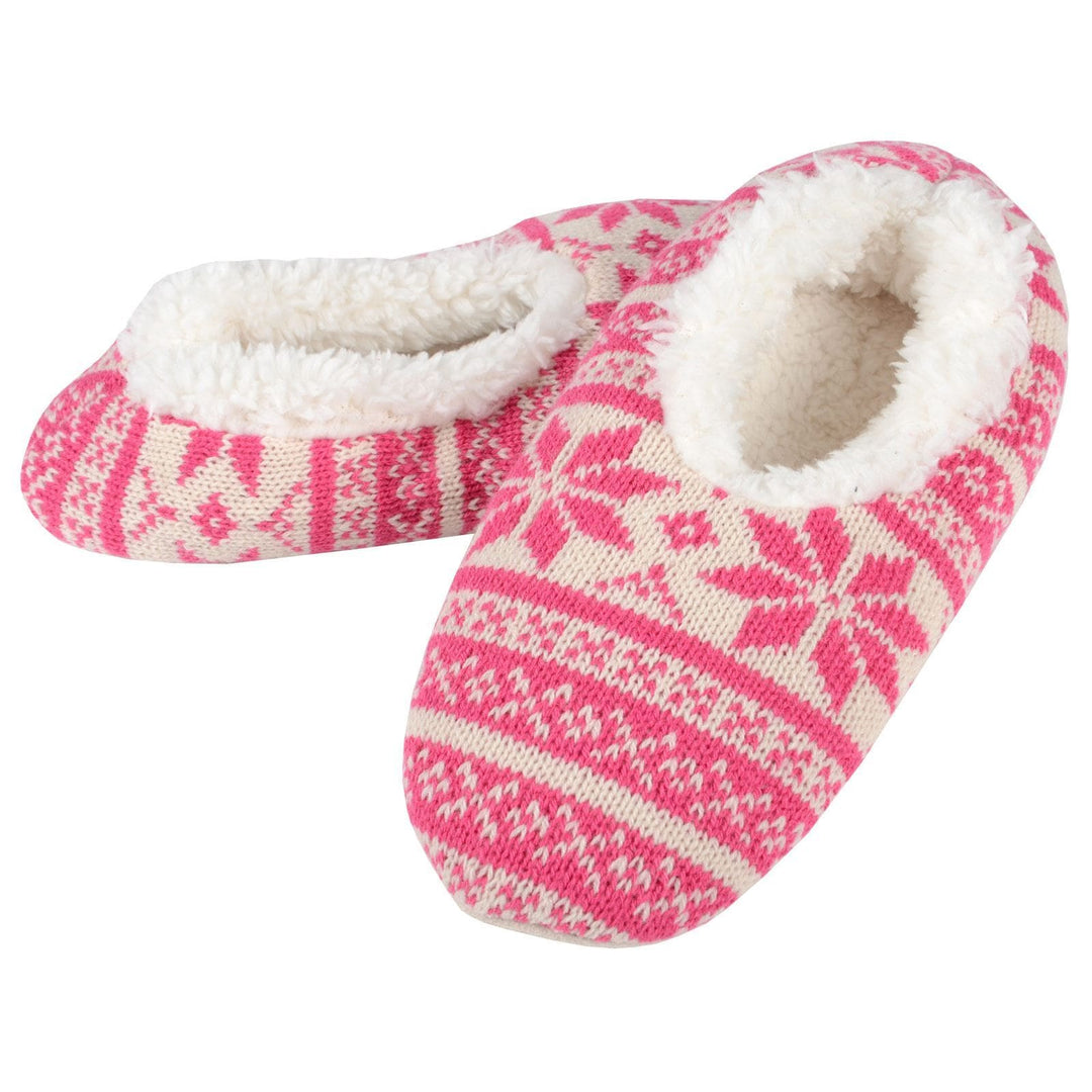 Womens Fair Isle Knit Snugg Slippers Sherpa Fleece Lining Pink / 3-4