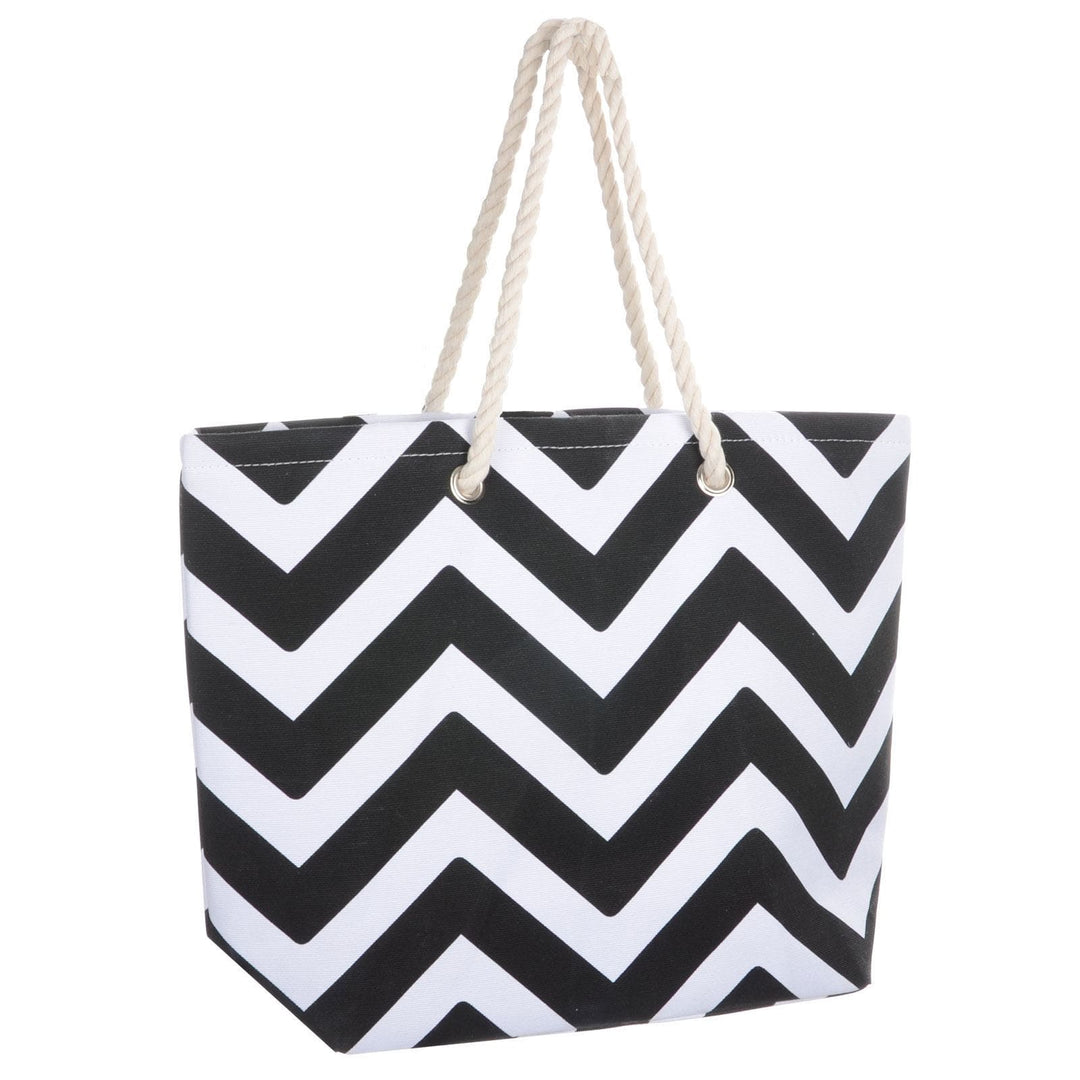 Womens Chevron Canvas Beach Shoulder Bag Shopping Tote Black