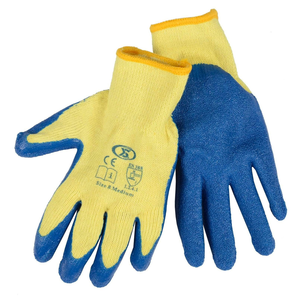 12 Pairs Workwear DIY Builders Gardening Latex Rubber Coated Work Gloves Blue / Medium (Size 8)