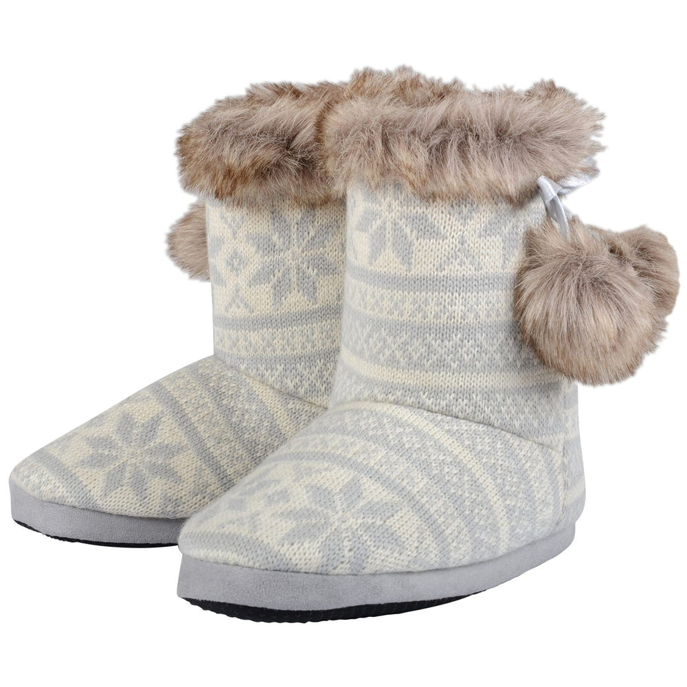 Womens Slipper Boots Fair Isle Nordic Faux Fur Pom Poms Grey / 3