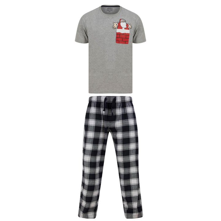 Mens Christmas Pyjama Set Santa Chimney Pocket/Check Bottoms Grey/Navy / S