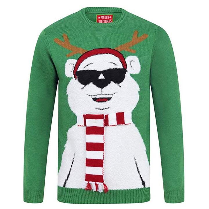 Mens Novelty Christmas Jumper Light Up Knitted Polar Bear Green / S