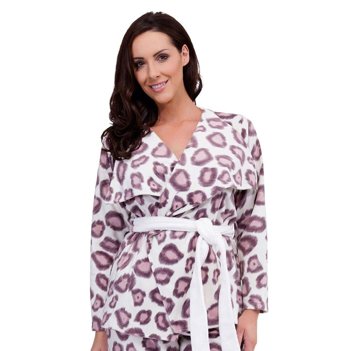 Womens Animal Print Polished Fleece Short Drape Bath Robe Cream & Purple / UK 8-10