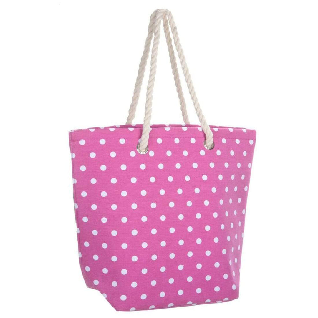 Womens Polka Dot Canvas Beach Shoulder Bag Shopping Tote Pink