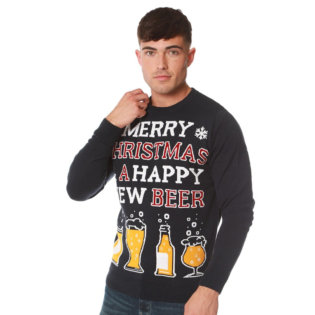 Mens Christmas Jumper Merry Christmas & A Happy New Beer Ink / S