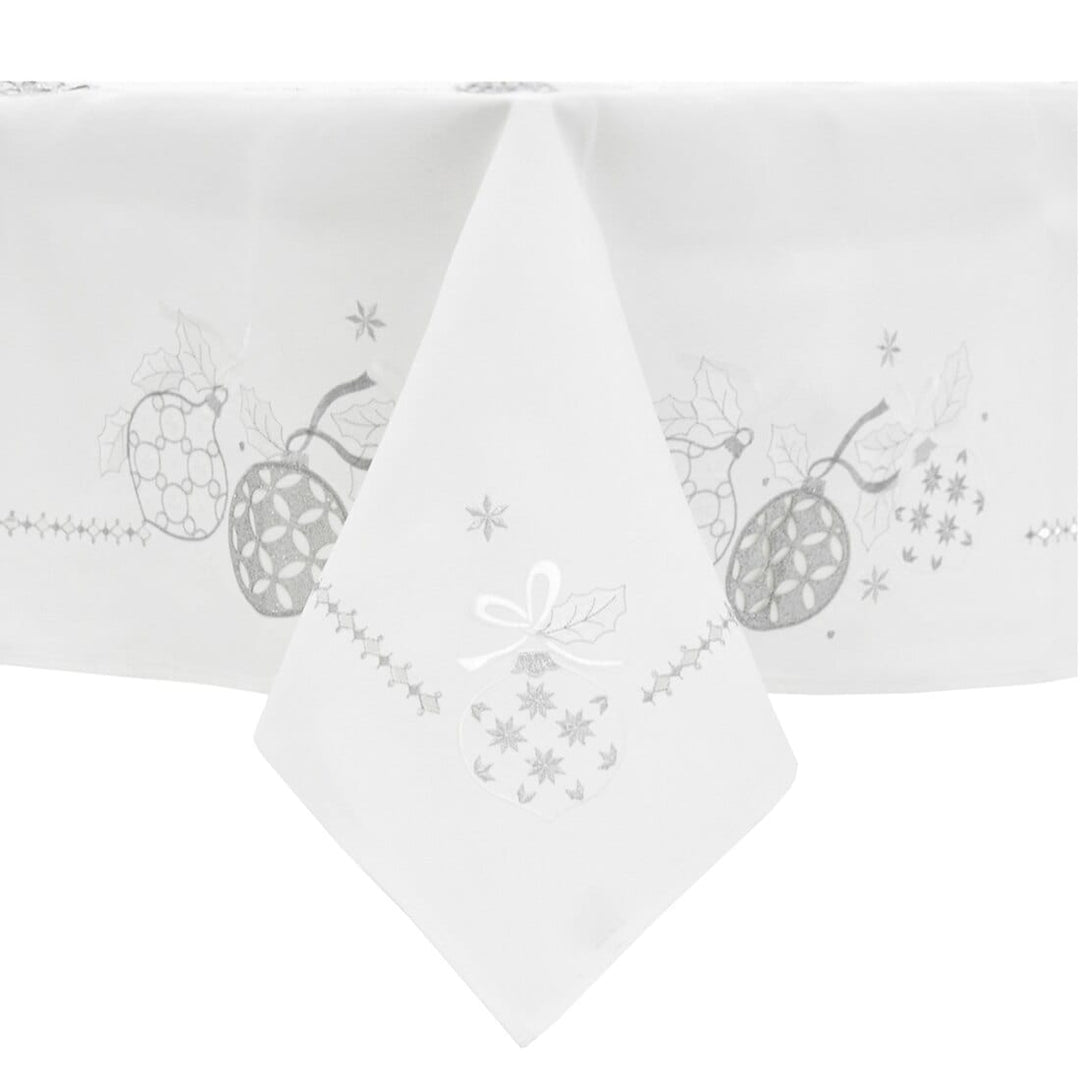 Christmas Baubles Tablecloths Napkins Fabric White Red