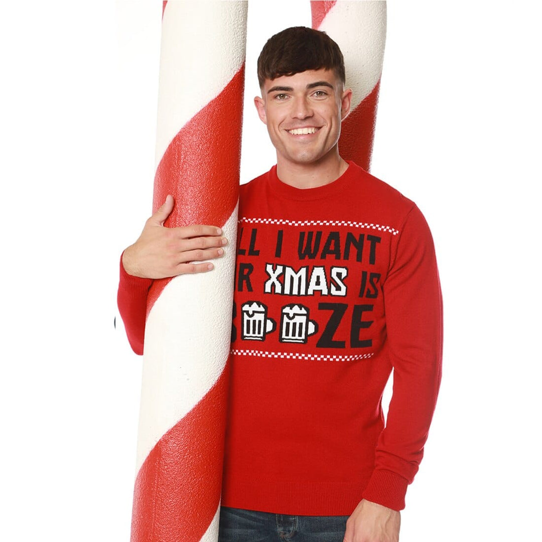 Mens Novelty Christmas Jumper All I Want For Xmas Is Booze George Red / S