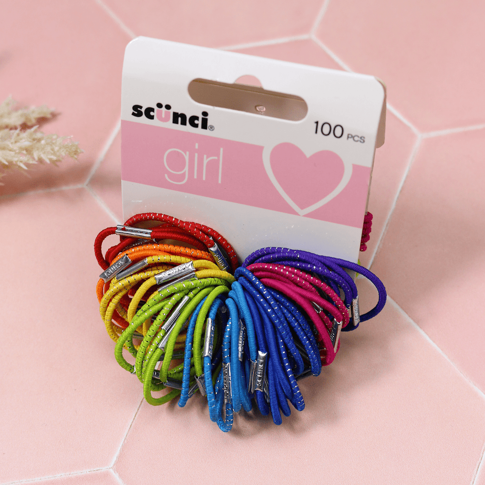 Scunci Girl Pack Of 100 Elastic Hair Bands Bobbles Ties Rainbow