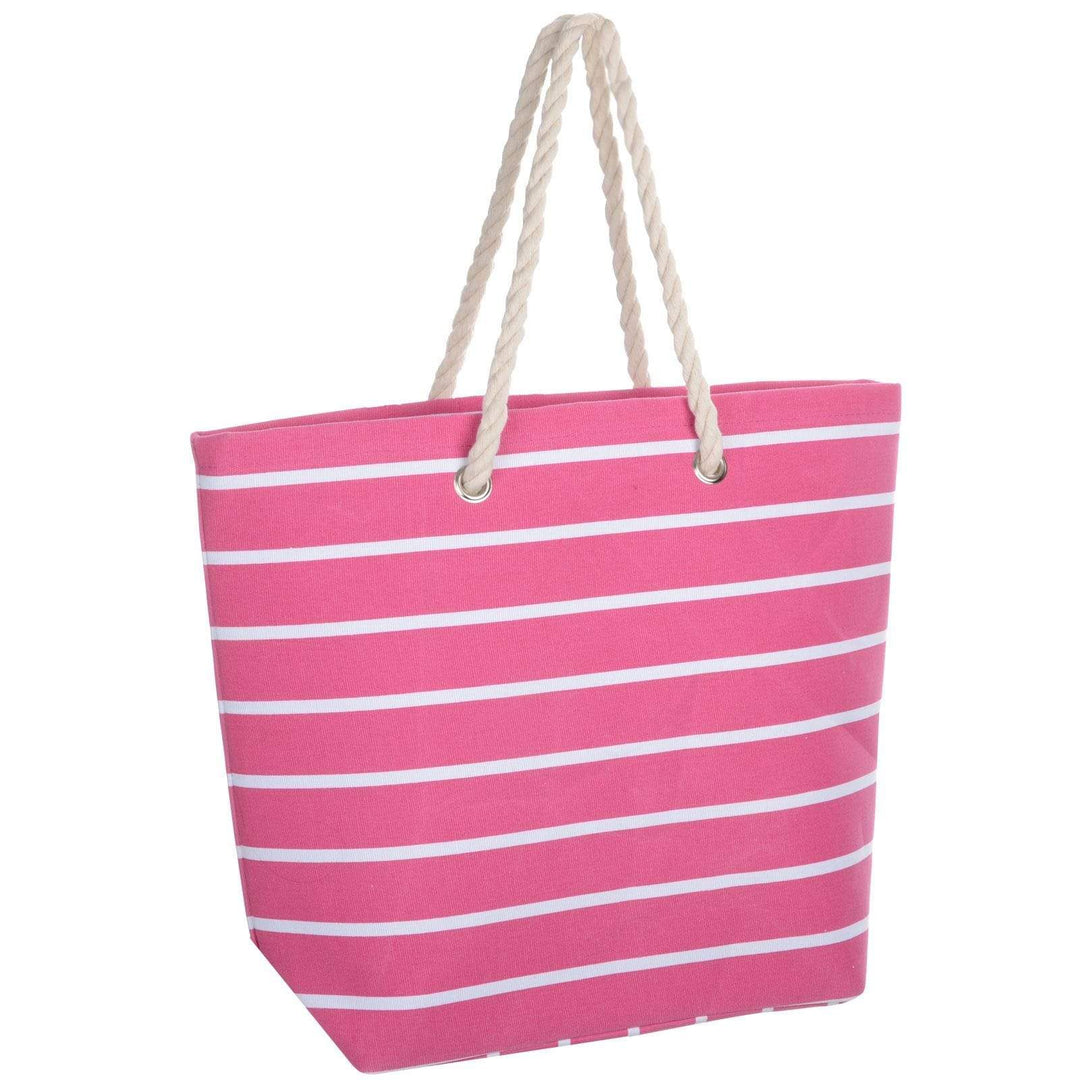 Womens Striped Canvas Beach Shoulder Bag Shopping Tote Pink