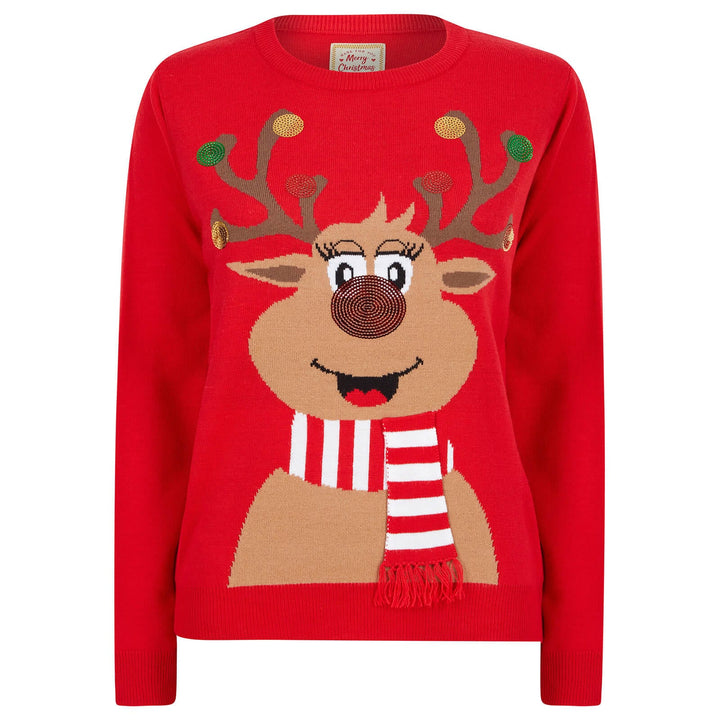 Womens Sequin Reindeer Christmas Jumper Red / 10