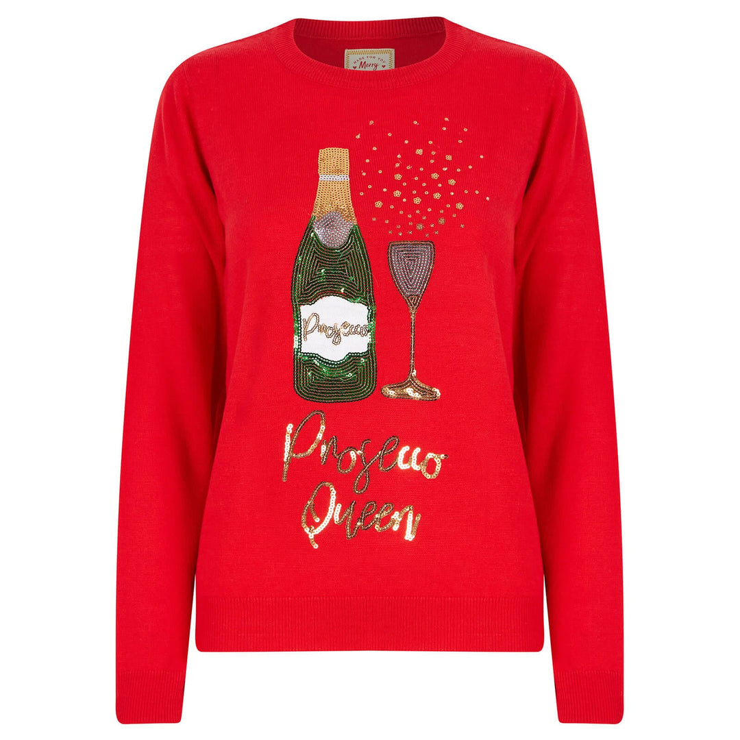 Womens Prosecco Queen Sequin Christmas Jumper Red / 10