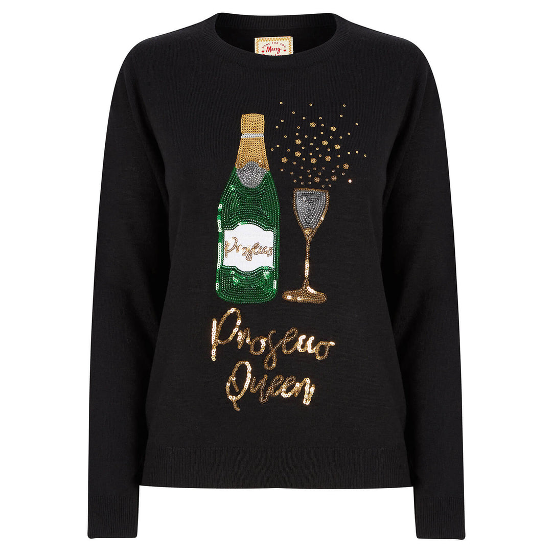 Womens Prosecco Queen Sequin Christmas Jumper Black / 10