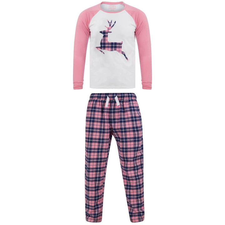 Womens Christmas Pyjama Set Reindeer/Stag Check Bottoms Pink/Navy / S