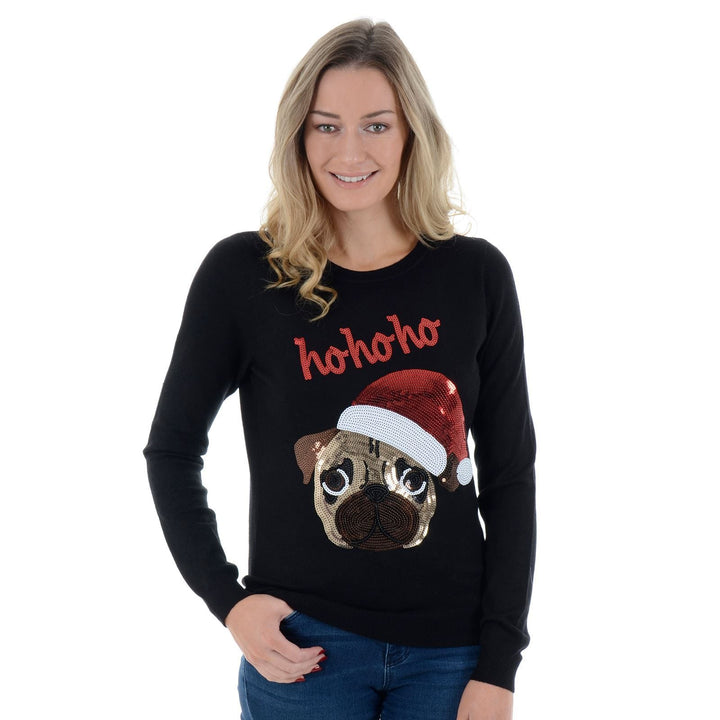 Womens Novelty Sequin Santa Pug HO HO HO Christmas Jumper Black / 8