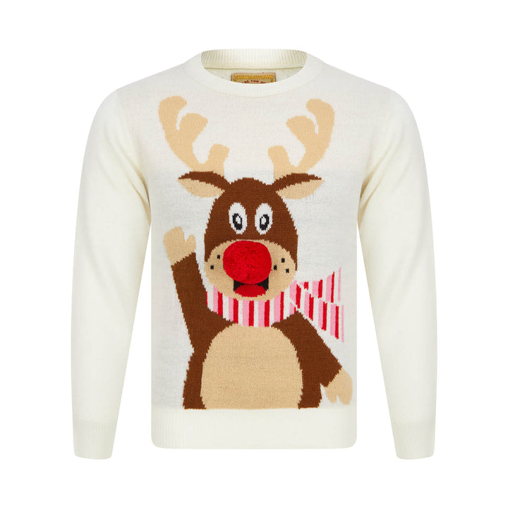 Kids Waving Reindeer Pom Pom Nose Christmas Jumper Gardenia / 4-5