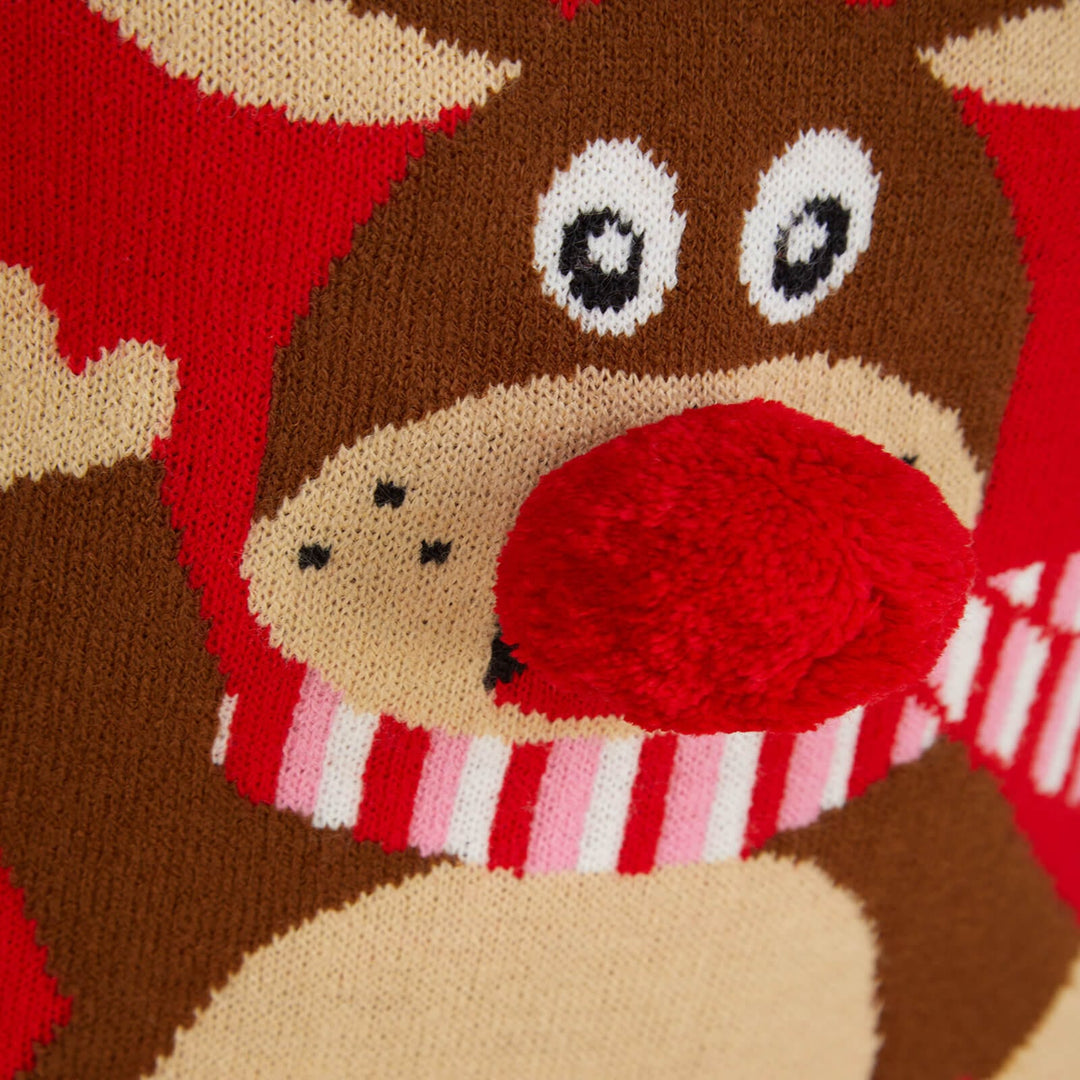 Kids Waving Reindeer Pom Pom Nose Christmas Jumper