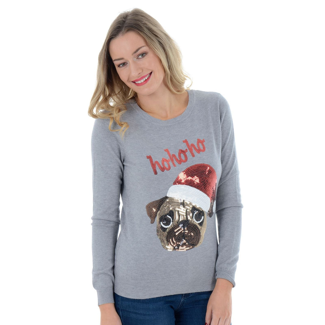 Womens Novelty Sequin Santa Pug HO HO HO Christmas Jumper Grey / 8