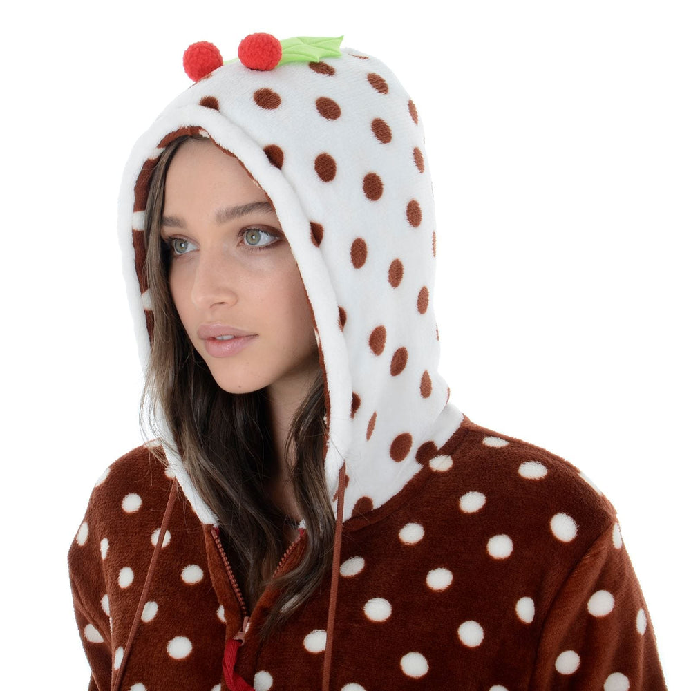 Womens Fleece Christmas All In One Pyjamas Xmas Pudding Hood