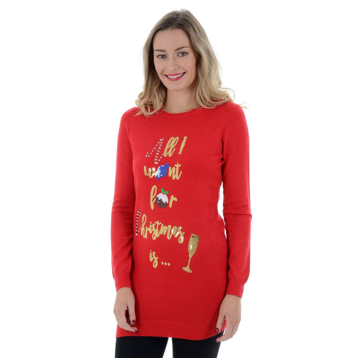 Womens Novelty Sequin All I Want For Christmas Tunic Jumper Red / 8