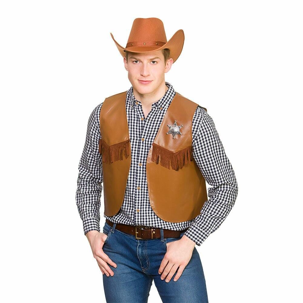 Cowboy Waistcoat Wild West Sheriff Rodeo Adults One Size Brown