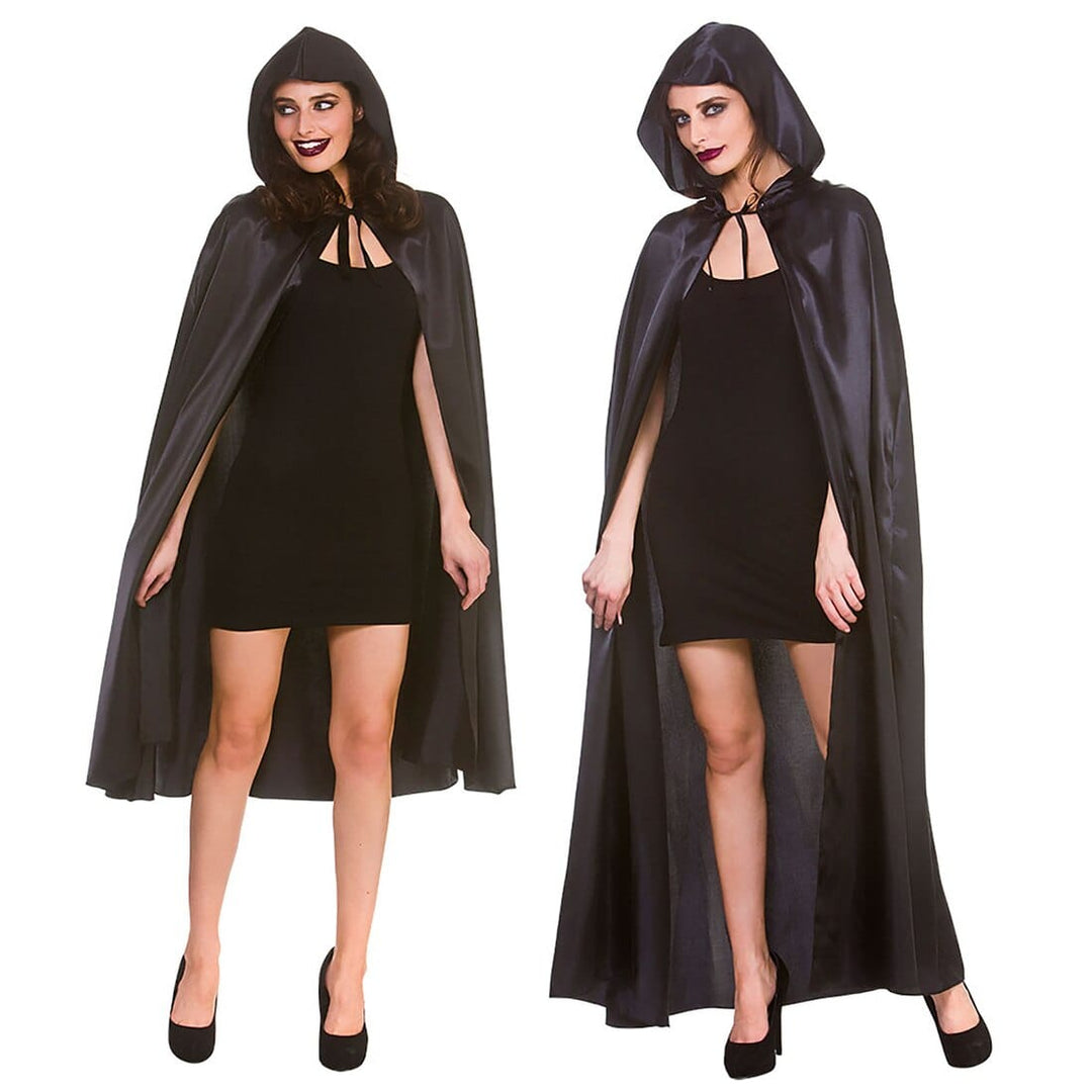 Deluxe Satin Hooded Cape Black Vampire Goth Widow Fancy Dress