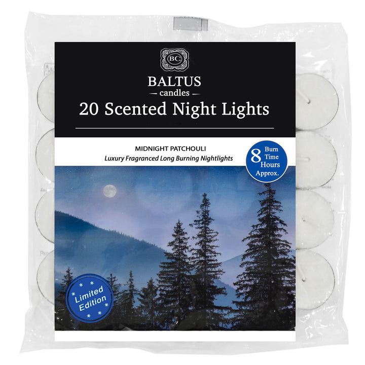 Baltus 20 Pack of Scented Tealight Night Lights Candles 8hr Burn Midnight Patchouli