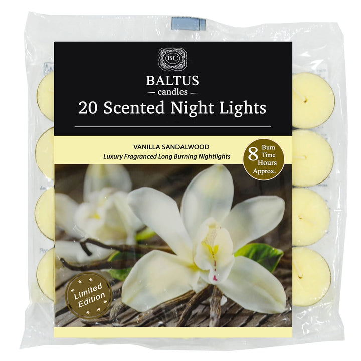 Baltus 20 Pack of Scented Tealight Night Lights Candles 8hr Burn Vanilla Sandalwood