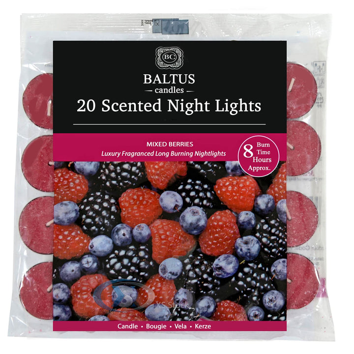 Baltus 20 Pack of Scented Tealight Night Lights Candles 8hr Burn Mixed Berries