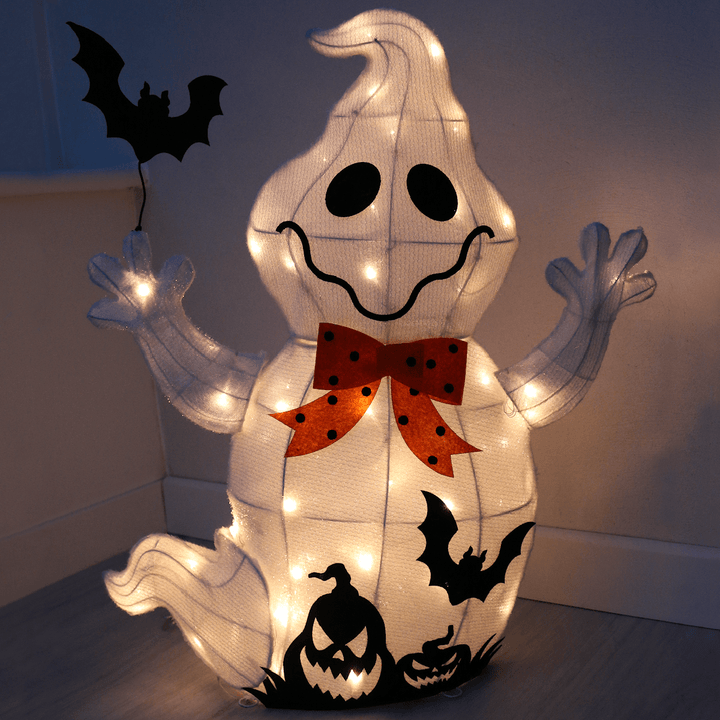 Light Up Ghost With Bat Halloween Decoration White LED 74cm