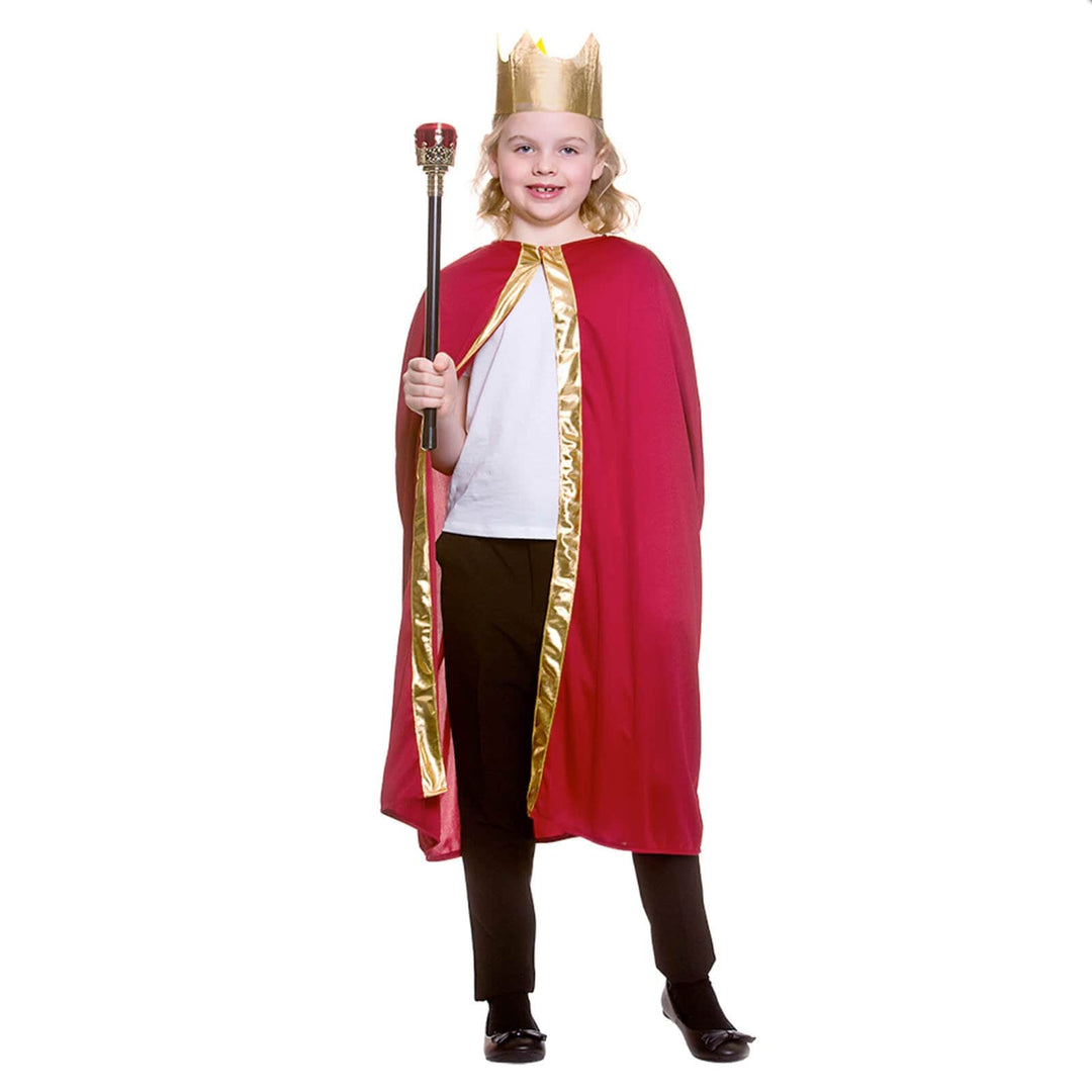 Childs King Queen Robe & Crown Set Gold Trim Fancy Dress 85cm Red