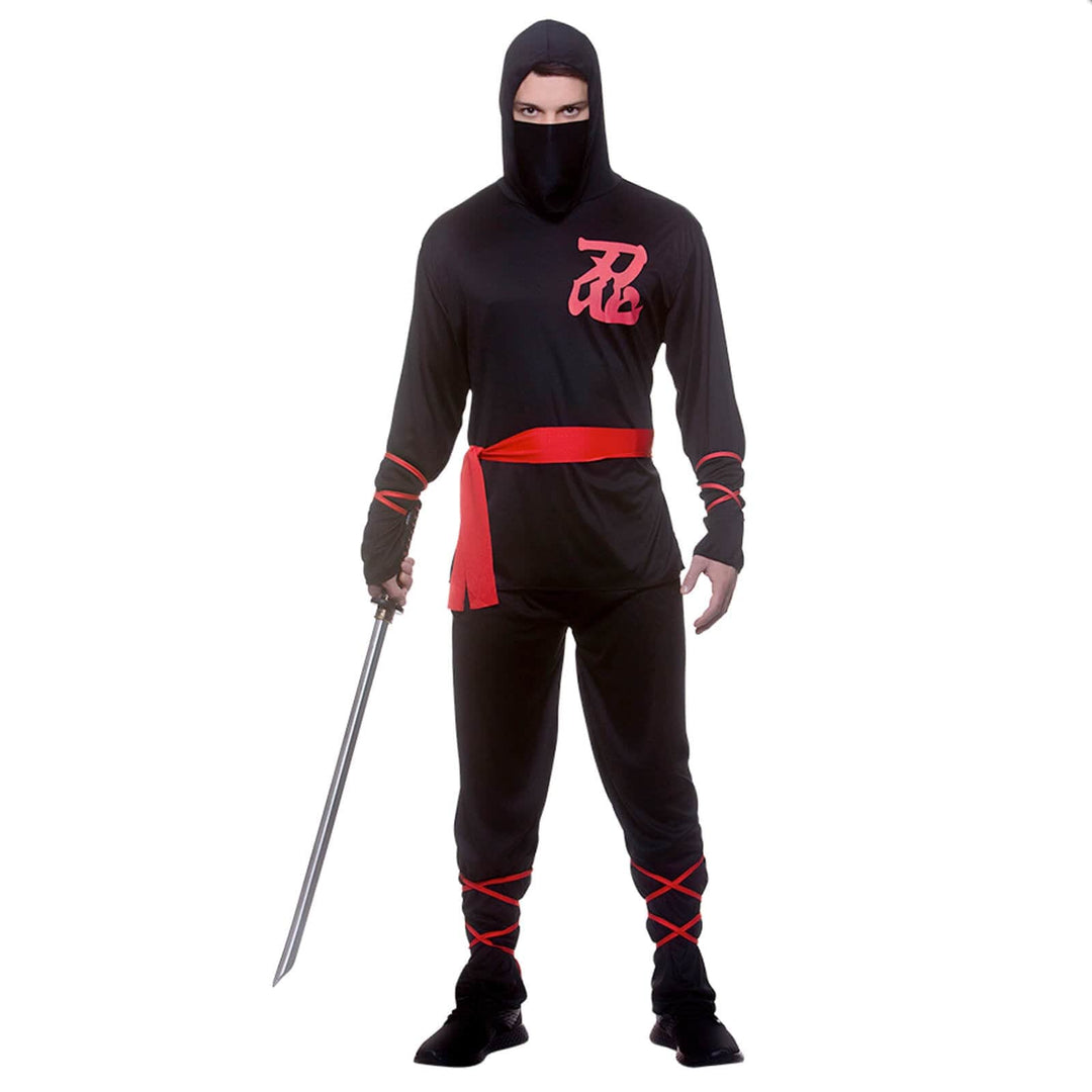 Mens Ninja Assassin Costume Black Red Ties Fancy Dress