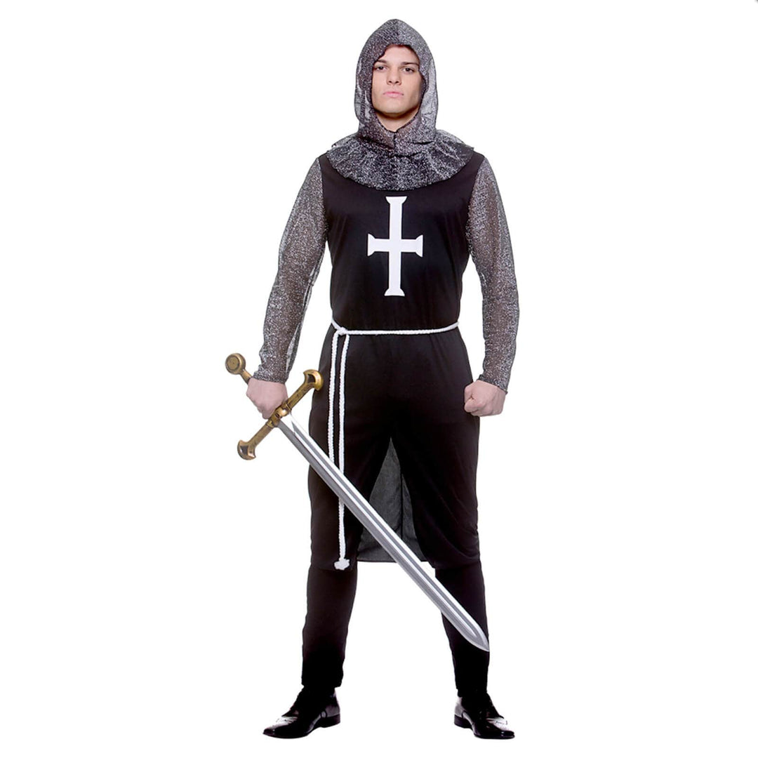 Mens Medieval Black Knight Costume Tunic Chain Mail Hood Belt