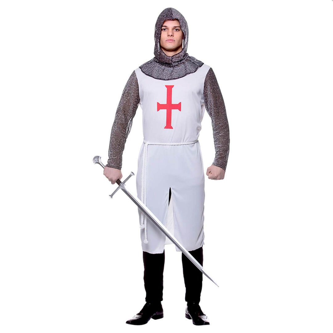 Mens Crusader Knight Costume White Tunic Chain Mail Hood Belt