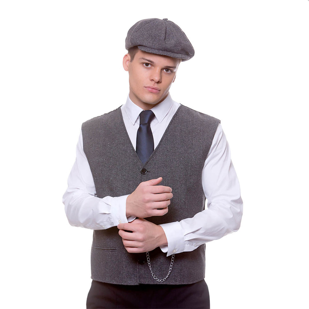 Mens 1920's Gangster Waistcoat & Cap Gatsby Blinders Fancy Dress