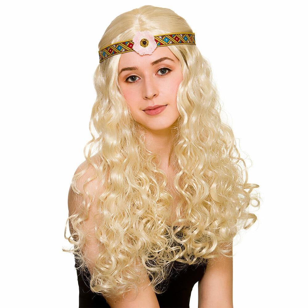 Flower Power Hippie Long Curly Blonde Wig Hair Halloween 60s