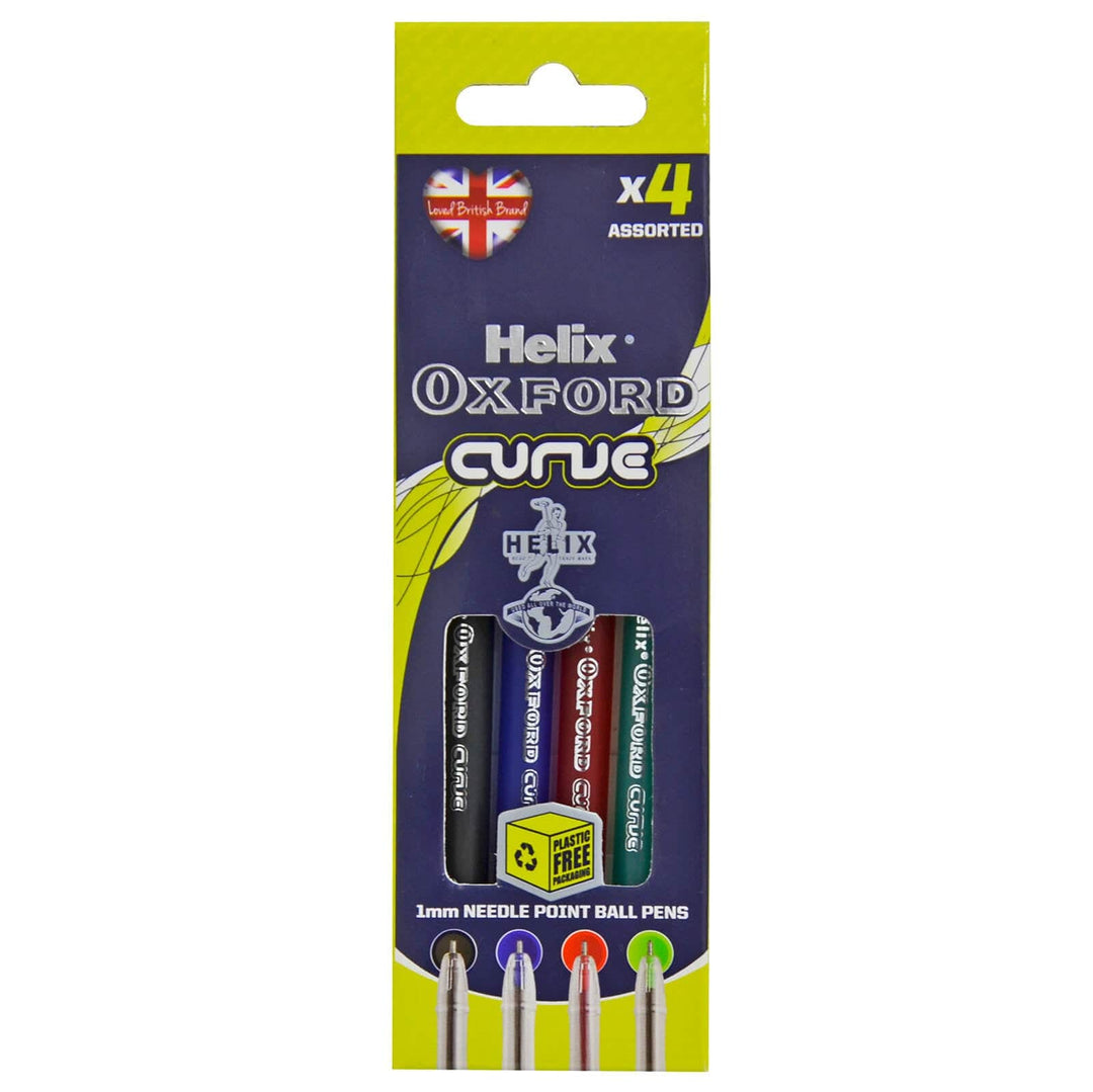 Pack Of 4 Colour Ball Pens Helix Oxford Curve 1mm Needle Point